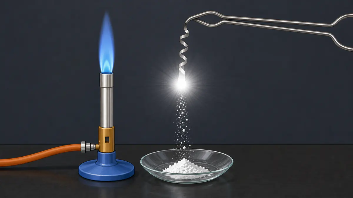 Magnesium ribbon held with tongs burns with a dazzling white light above a watch glass that collects white magnesium oxide ash.