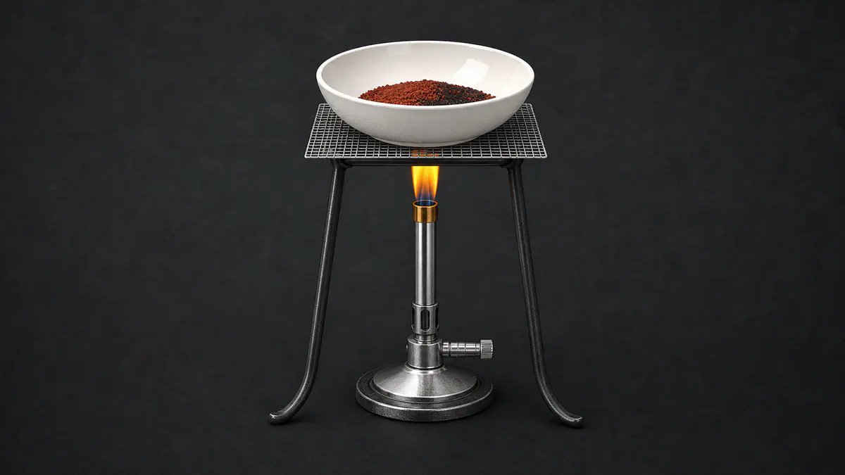 NCERT Figure 1.10 redraw showing copper powder heated in a china dish on wire gauze and a tripod as a black copper oxide coating forms.