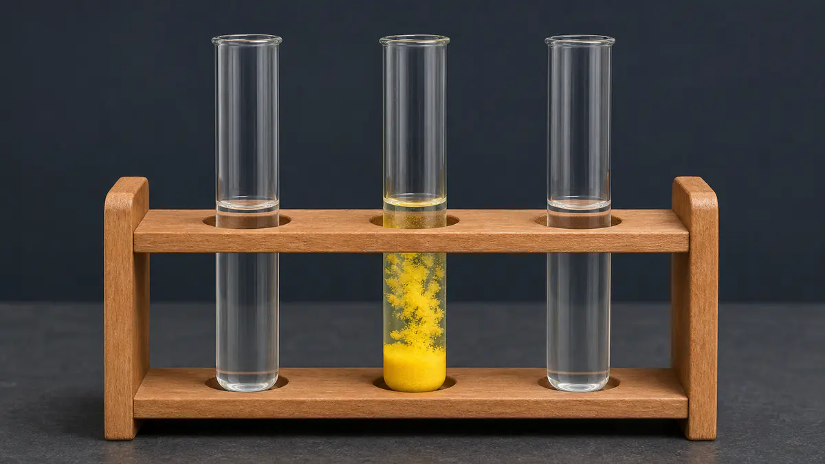 Two clear solutions are mixed in a test tube and form a bright yellow lead iodide precipitate.