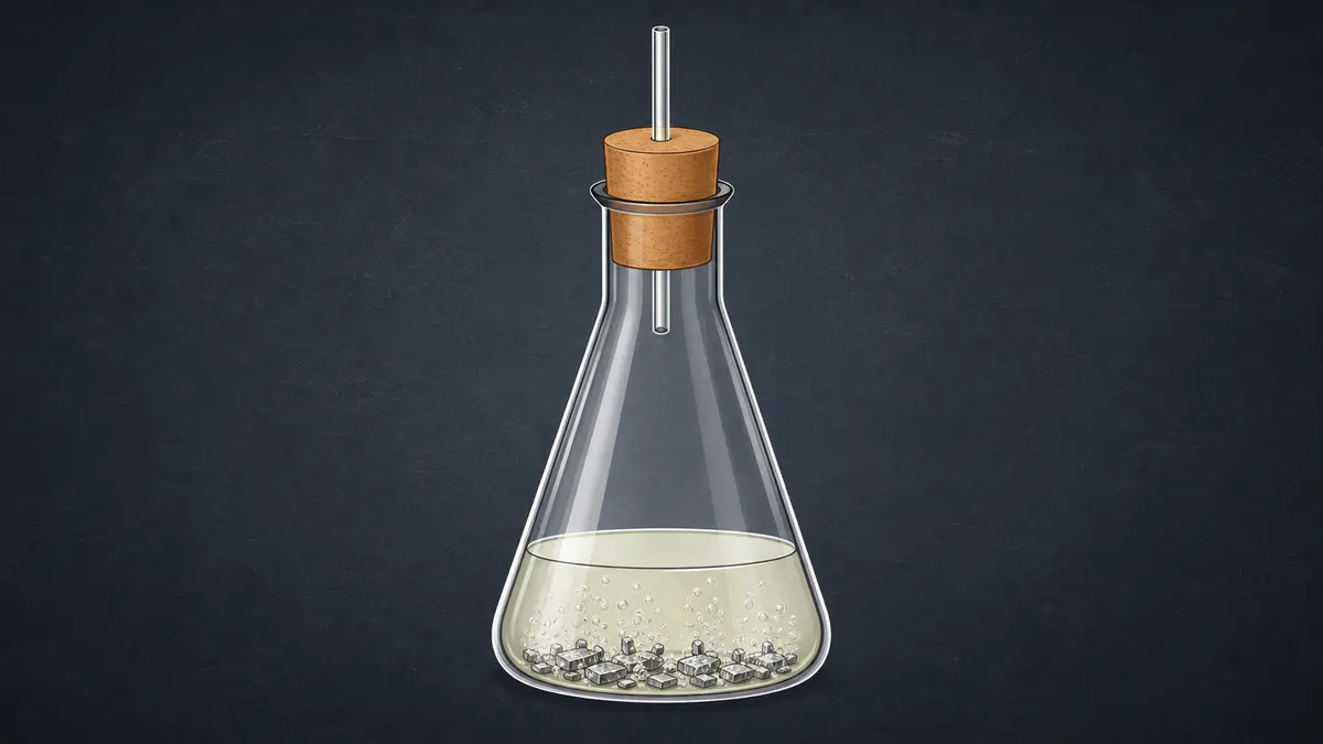 NCERT Figure 1.2 redraw showing zinc granules and dilute sulphuric acid reacting in a corked conical flask while hydrogen leaves through a short glass tube.