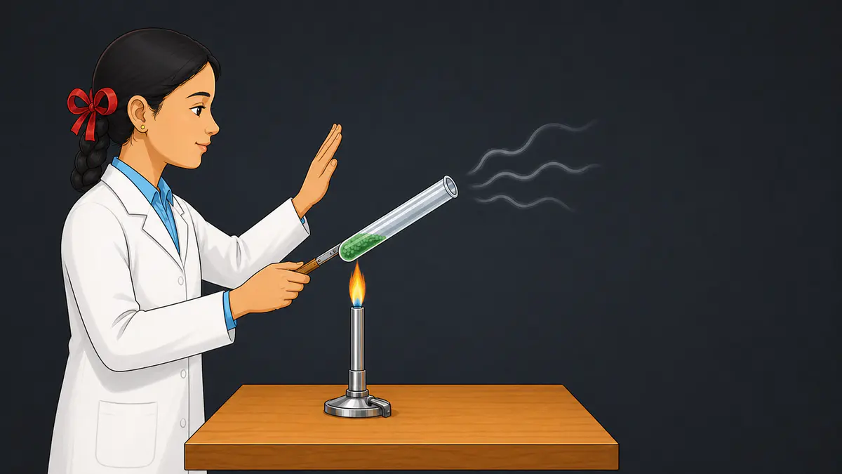 NCERT Figure 1.4 redraw showing safe heating of ferrous sulphate in a hand-held boiling tube and gentle wafting of the evolved gas.