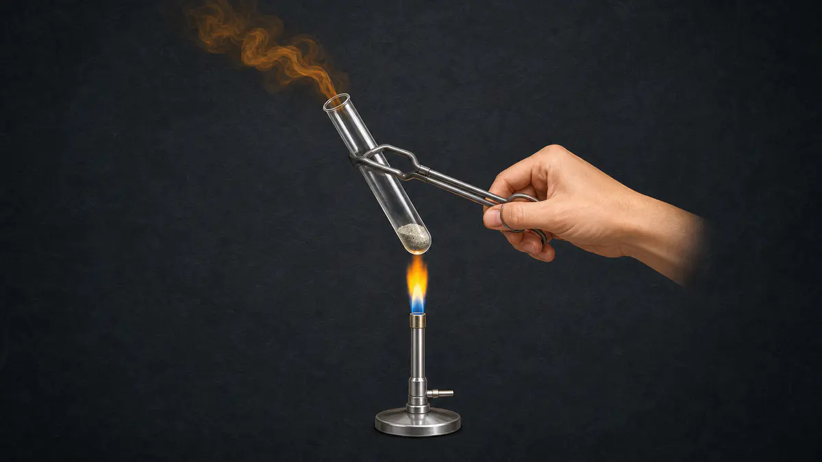 NCERT Figure 1.5 redraw showing a hand using tongs to heat lead nitrate in a boiling tube while brown nitrogen dioxide fumes escape.