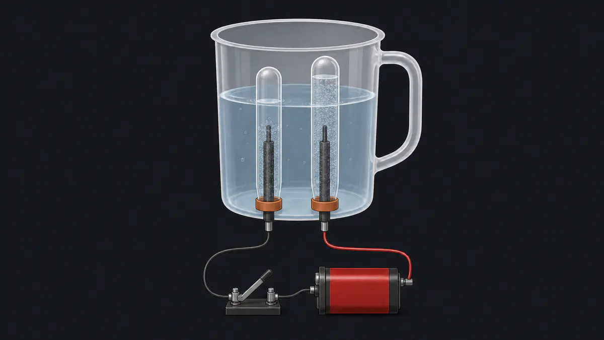 NCERT Figure 1.6 redraw showing a plastic mug, base-mounted graphite electrodes, rubber stoppers, inverted test tubes, switch and battery, with twice as much hydrogen as oxygen.