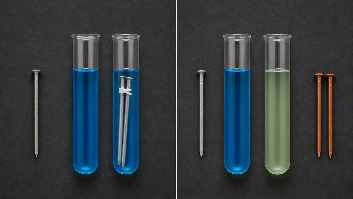 NCERT Figure 1.8 redraw comparing clean iron nails and blue copper sulphate before reaction with copper-coated nails and pale-green iron sulphate after 20 minutes.